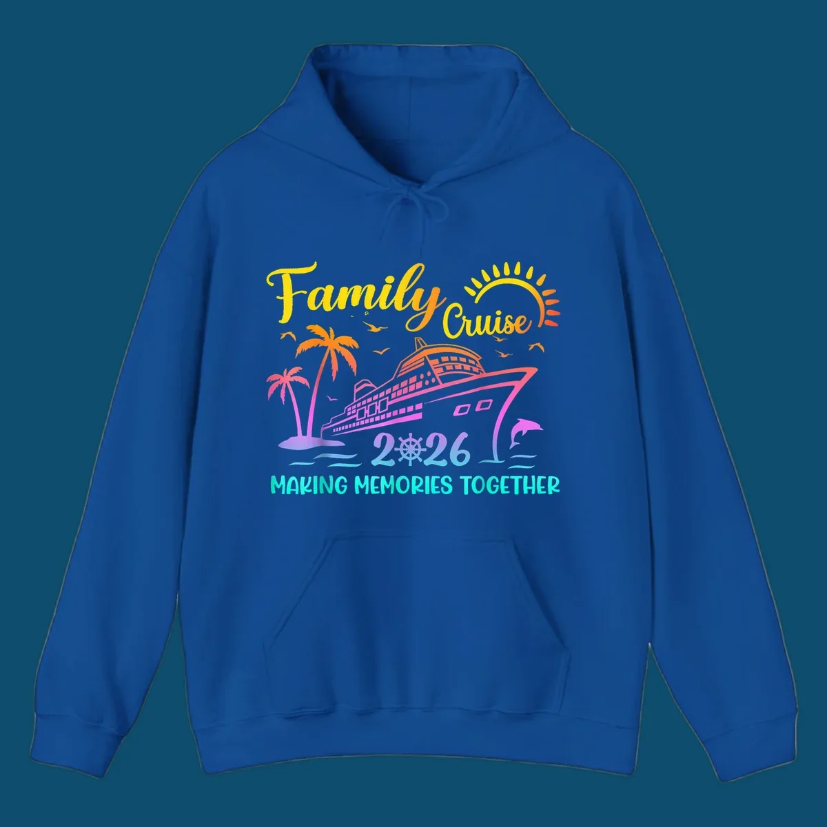 A colorful family cruise 2026 design with a ship, palm trees, sun, dolphin, and the text 'Making Memories Together'.
