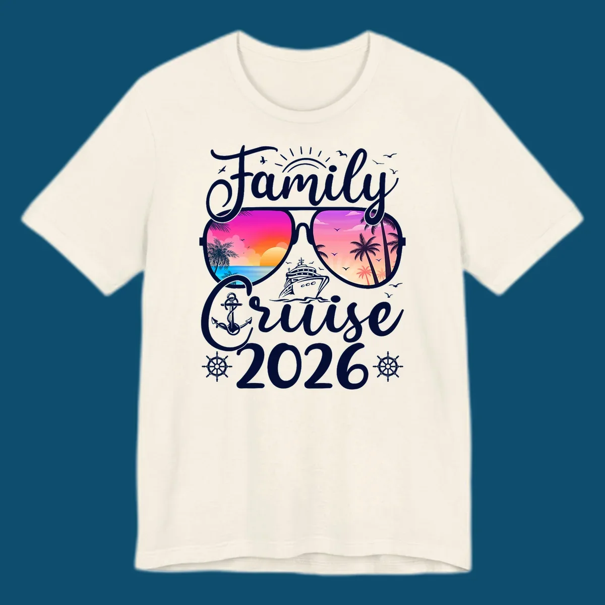 Family Cruise 2026 t-shirt design with sunglasses reflecting a tropical sunset, palm trees, ocean, and a cruise ship.