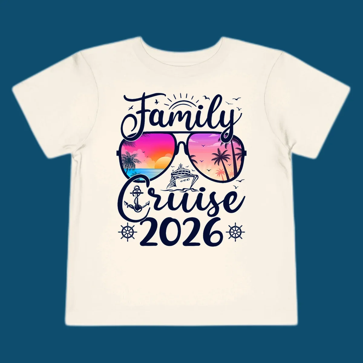 Family Cruise 2026 t-shirt design with sunglasses reflecting a tropical sunset, palm trees, ocean, and a cruise ship.