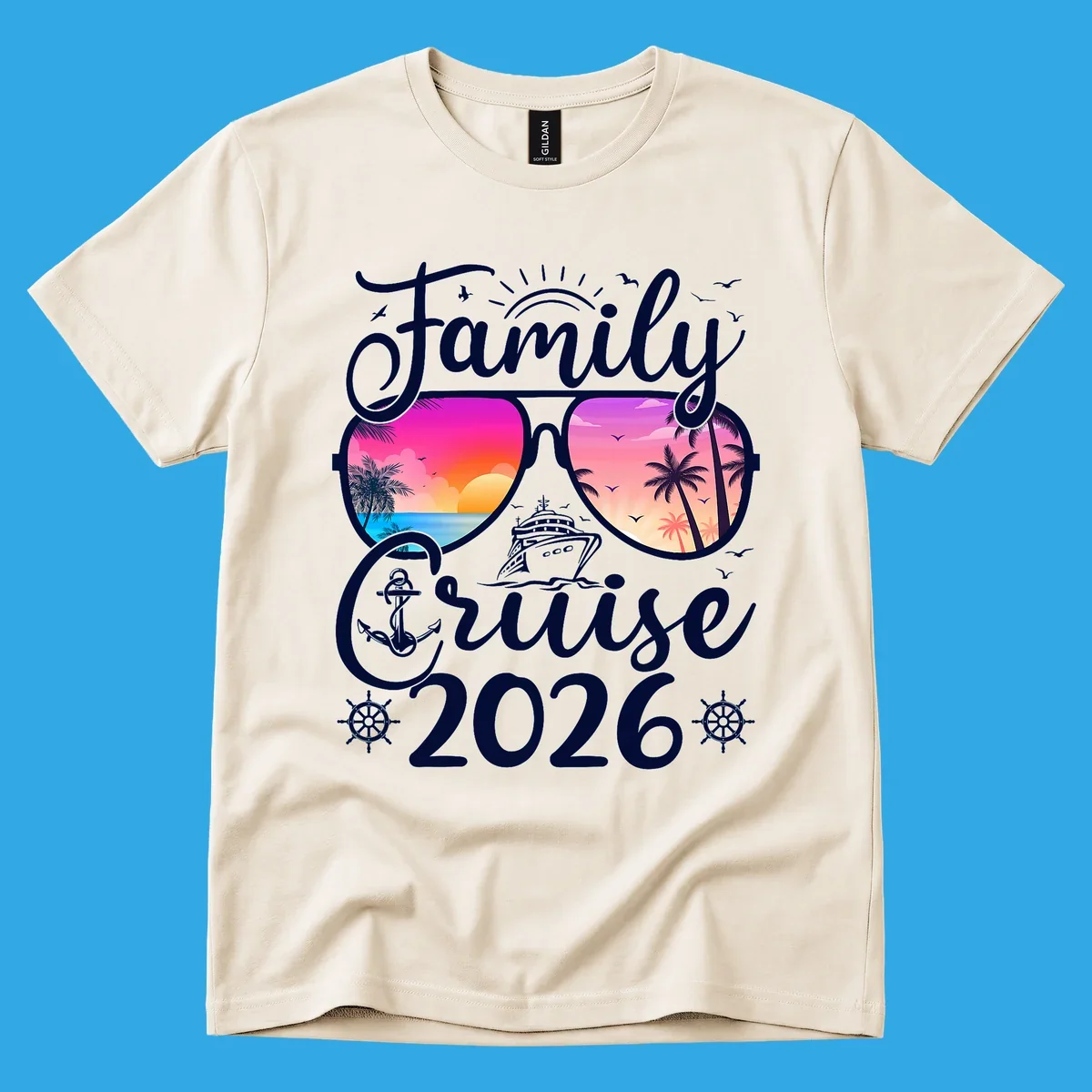 Family Cruise 2026 t-shirt design with sunglasses reflecting a tropical sunset, palm trees, ocean, and a cruise ship.