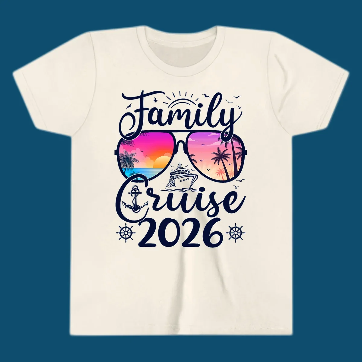 Family Cruise 2026 t-shirt design with sunglasses reflecting a tropical sunset, palm trees, ocean, and a cruise ship.