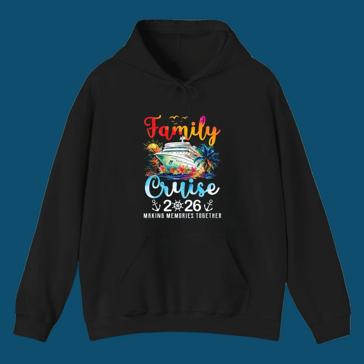 A colorful watercolor design for a family cruise 2026, featuring a ship, palm trees, sun, and "Family Cruise 2026 Making Memories Together" text.