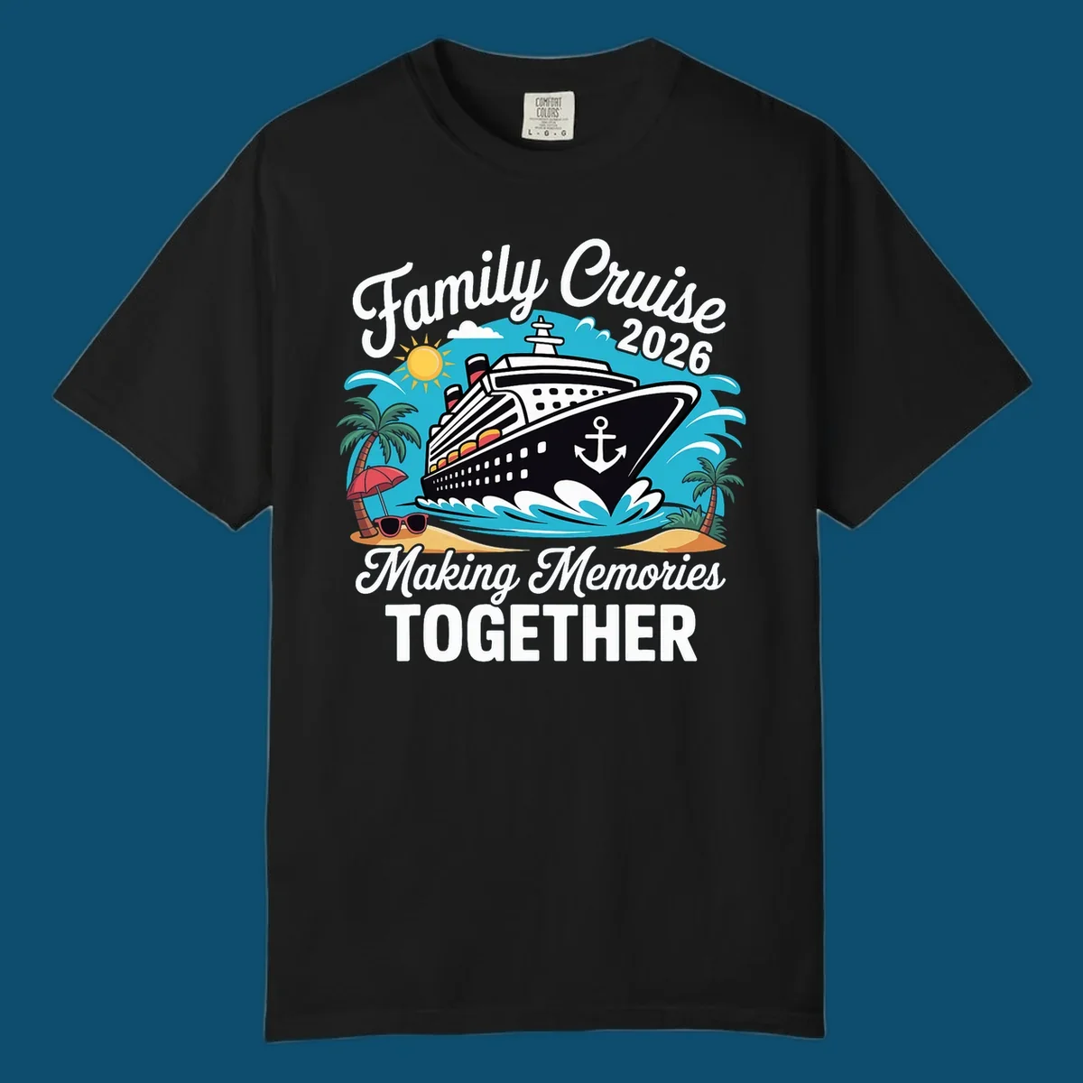 An illustration for a family cruise 2026 with a ship, sun, palm trees, and text 'Family Cruise 2026 Making Memories TOGETHER'.