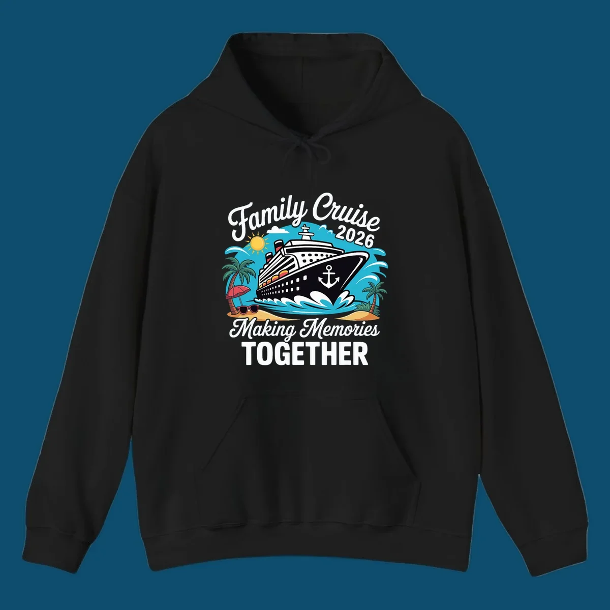 An illustration for a family cruise 2026 with a ship, sun, palm trees, and text 'Family Cruise 2026 Making Memories TOGETHER'.