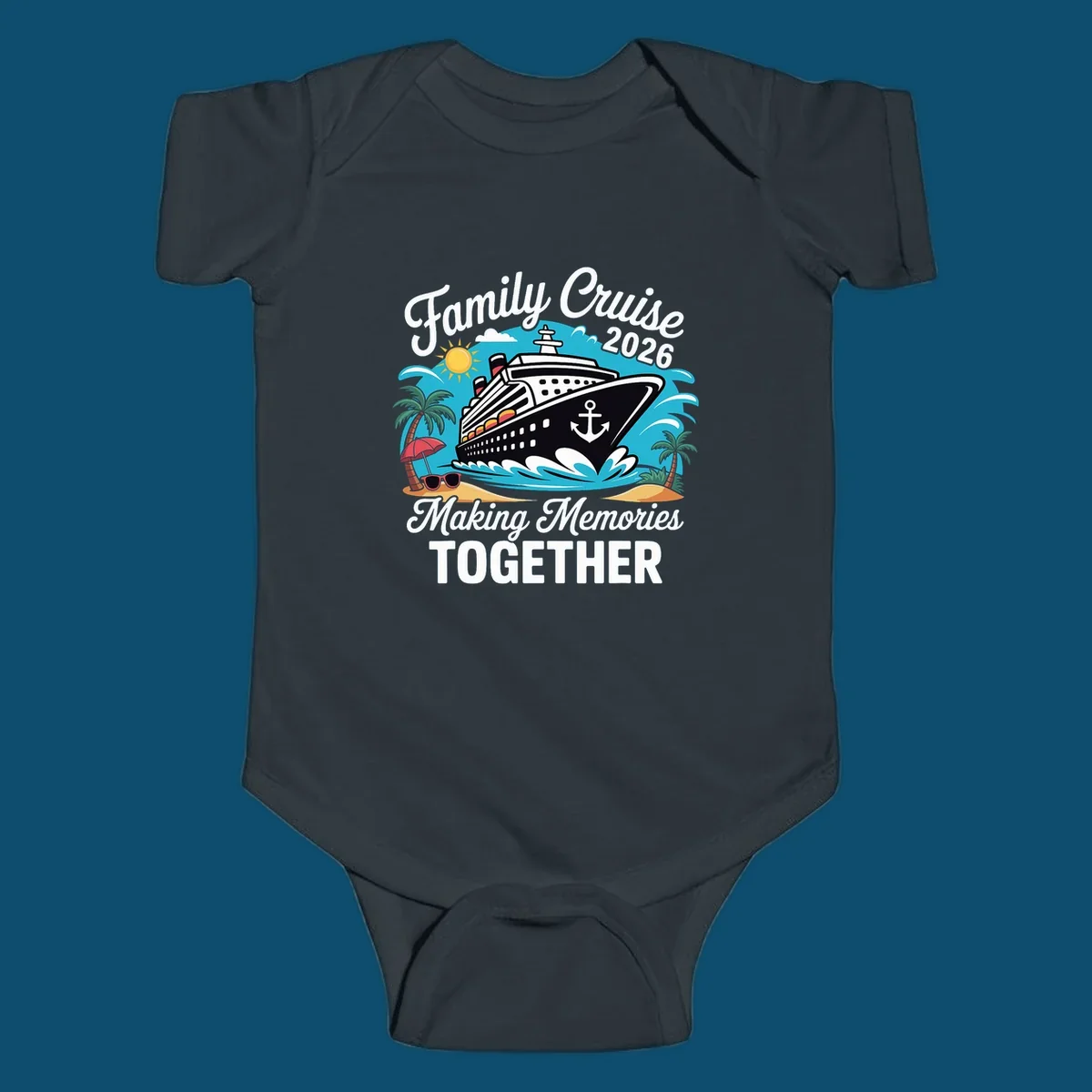 An illustration for a family cruise 2026 with a ship, sun, palm trees, and text 'Family Cruise 2026 Making Memories TOGETHER'.