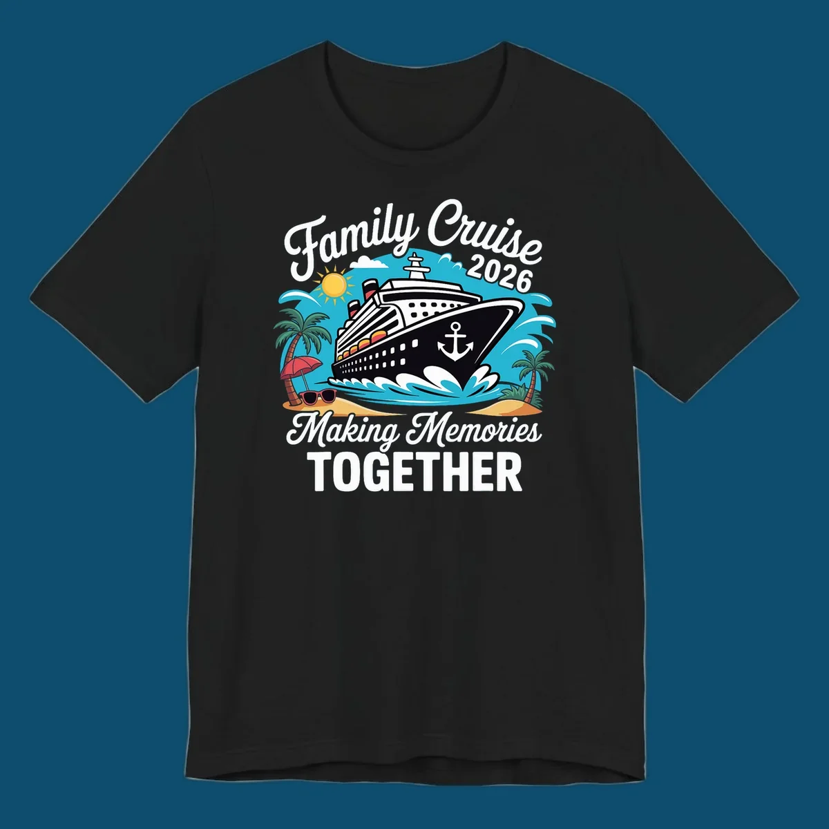 An illustration for a family cruise 2026 with a ship, sun, palm trees, and text 'Family Cruise 2026 Making Memories TOGETHER'.