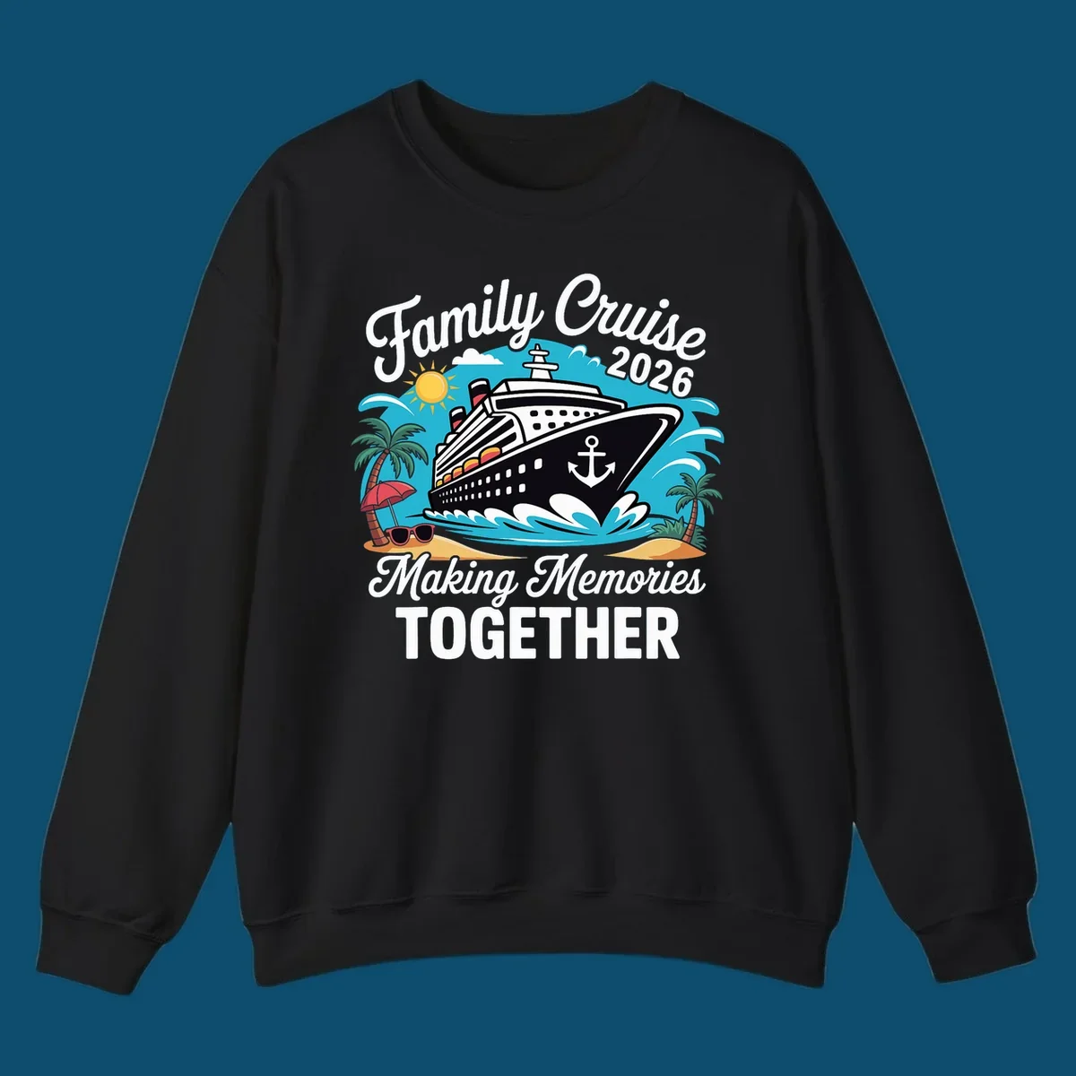 An illustration for a family cruise 2026 with a ship, sun, palm trees, and text 'Family Cruise 2026 Making Memories TOGETHER'.