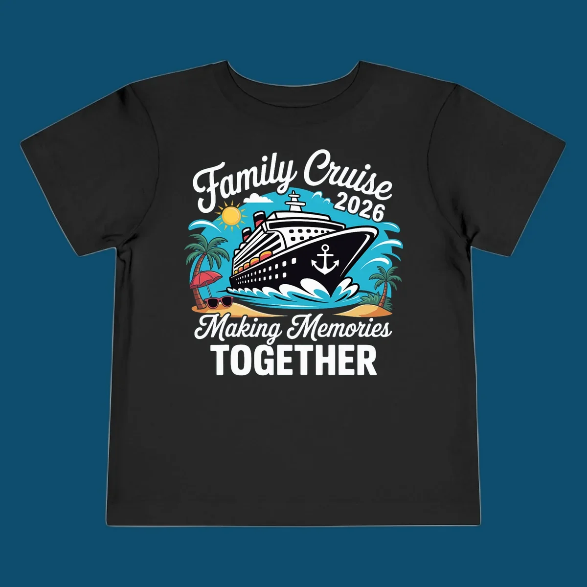 An illustration for a family cruise 2026 with a ship, sun, palm trees, and text 'Family Cruise 2026 Making Memories TOGETHER'.