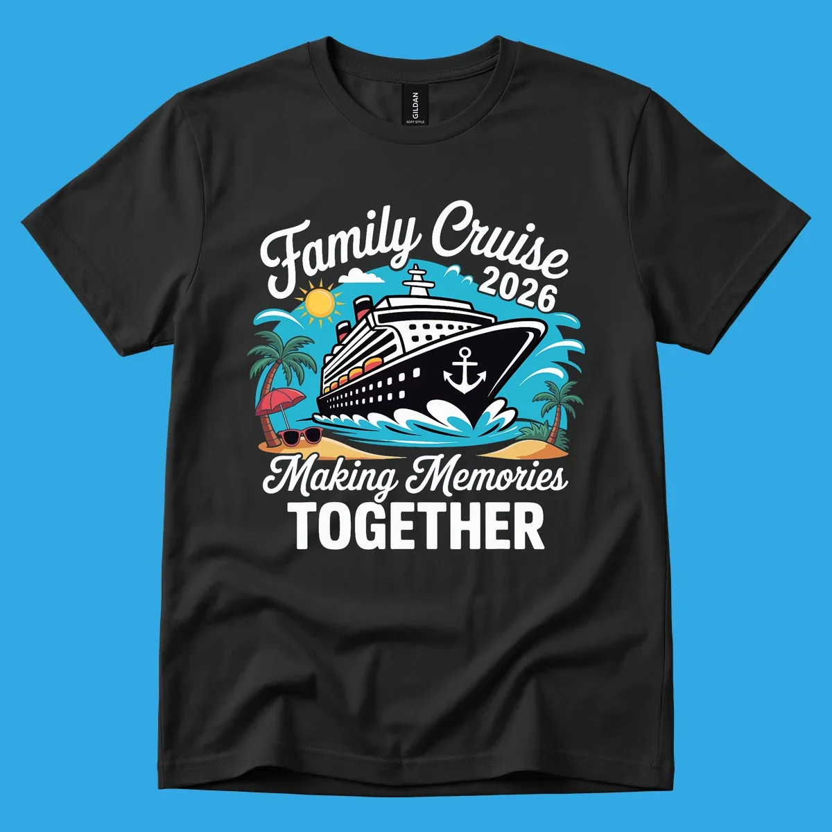 An illustration for a family cruise 2026 with a ship, sun, palm trees, and text 'Family Cruise 2026 Making Memories TOGETHER'.