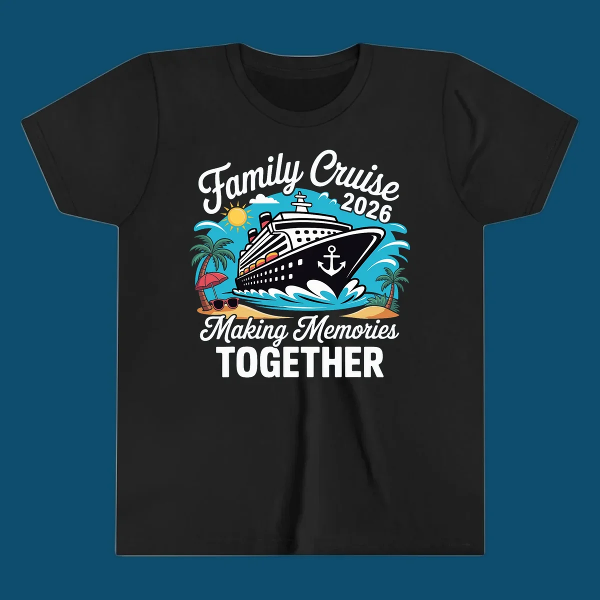 An illustration for a family cruise 2026 with a ship, sun, palm trees, and text 'Family Cruise 2026 Making Memories TOGETHER'.