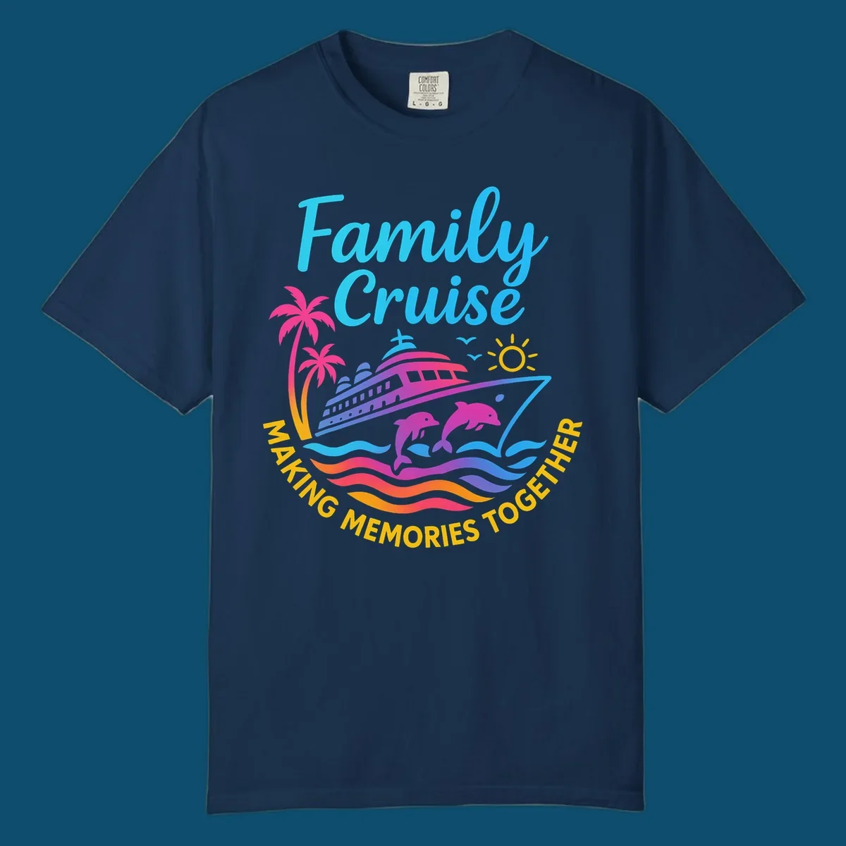 Vibrant family cruise memories vacation design with a ship, dolphins, palm trees, sun, and colorful waves.