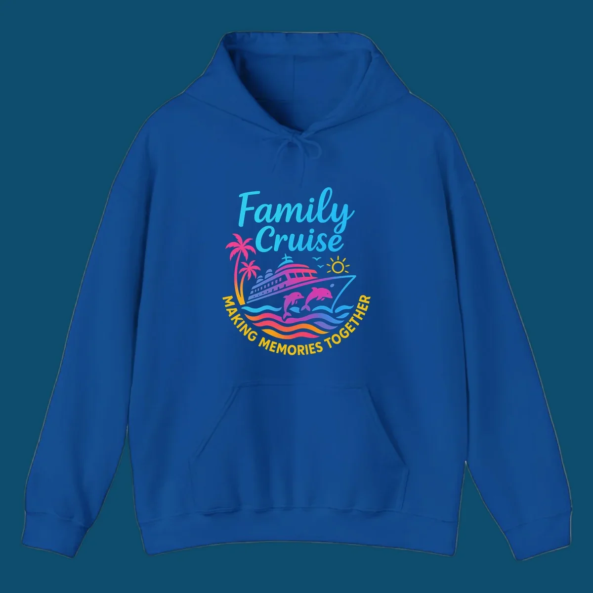 Vibrant family cruise memories vacation design with a ship, dolphins, palm trees, sun, and colorful waves.