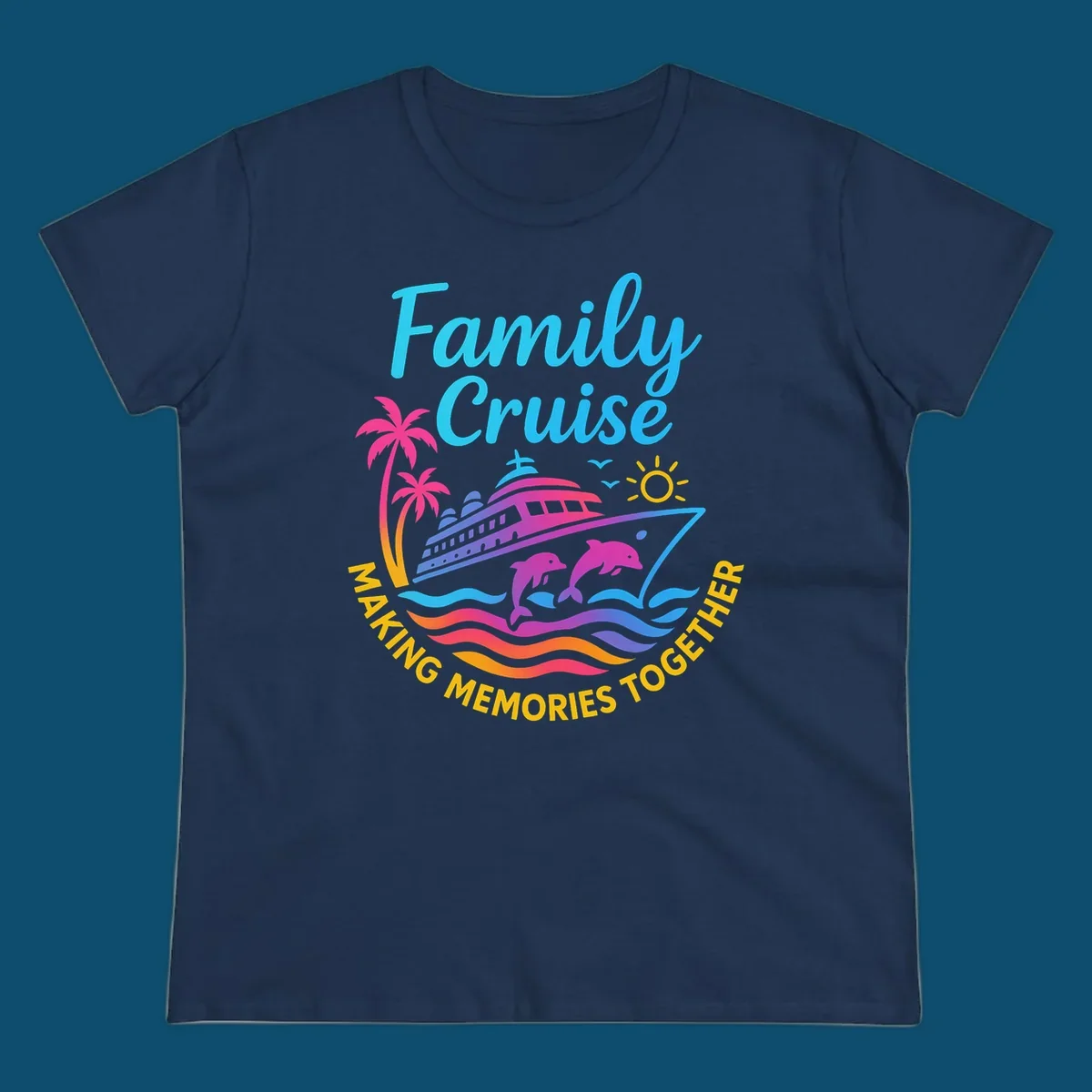 Vibrant family cruise memories vacation design with a ship, dolphins, palm trees, sun, and colorful waves.