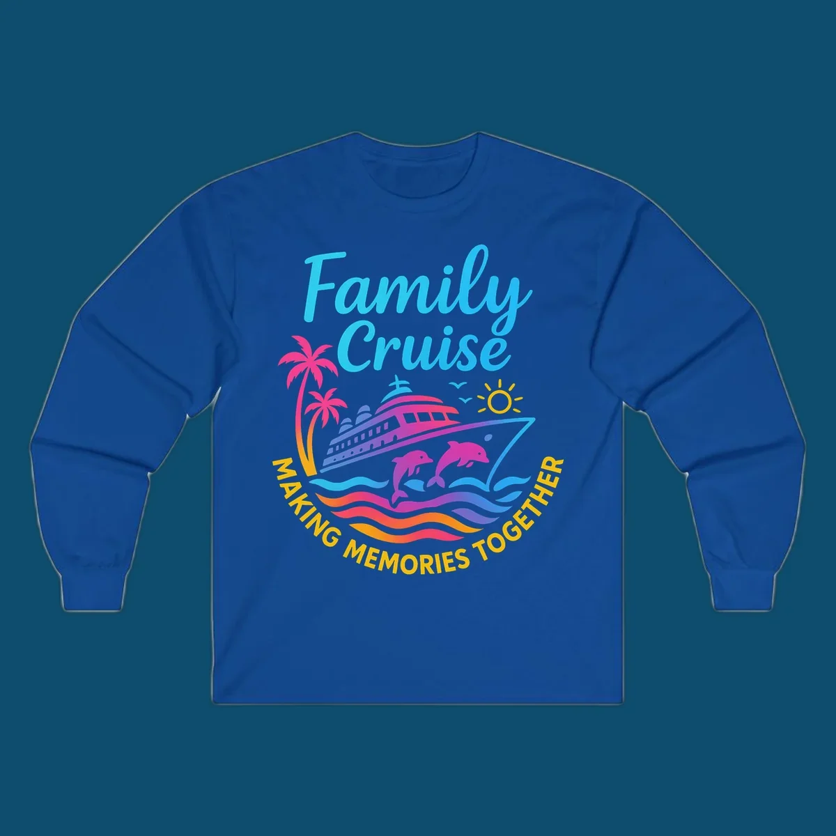 Vibrant family cruise memories vacation design with a ship, dolphins, palm trees, sun, and colorful waves.