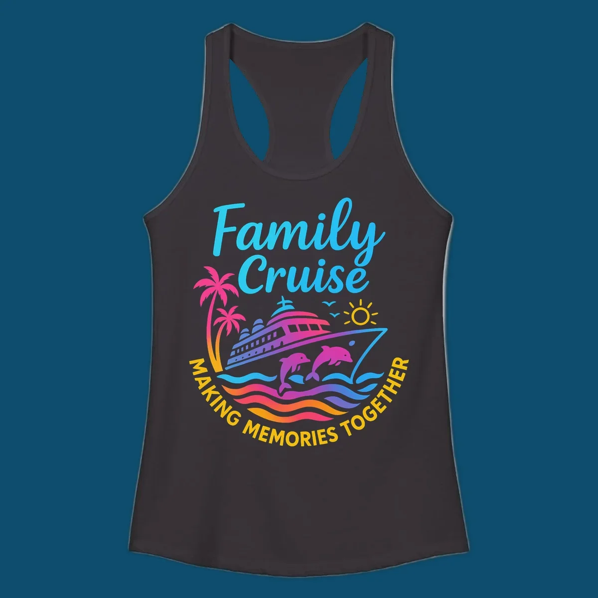 Vibrant family cruise memories vacation design with a ship, dolphins, palm trees, sun, and colorful waves.
