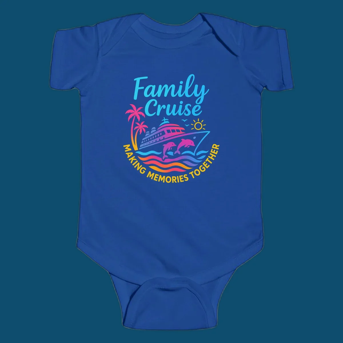 Vibrant family cruise memories vacation design with a ship, dolphins, palm trees, sun, and colorful waves.
