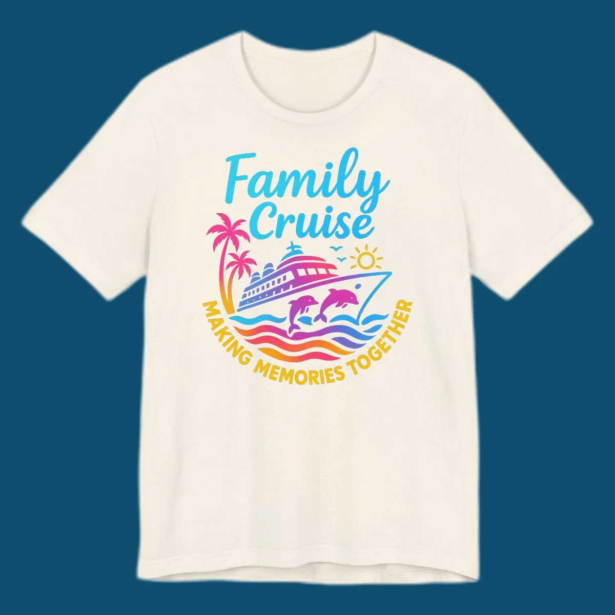Vibrant family cruise memories vacation design with a ship, dolphins, palm trees, sun, and colorful waves.