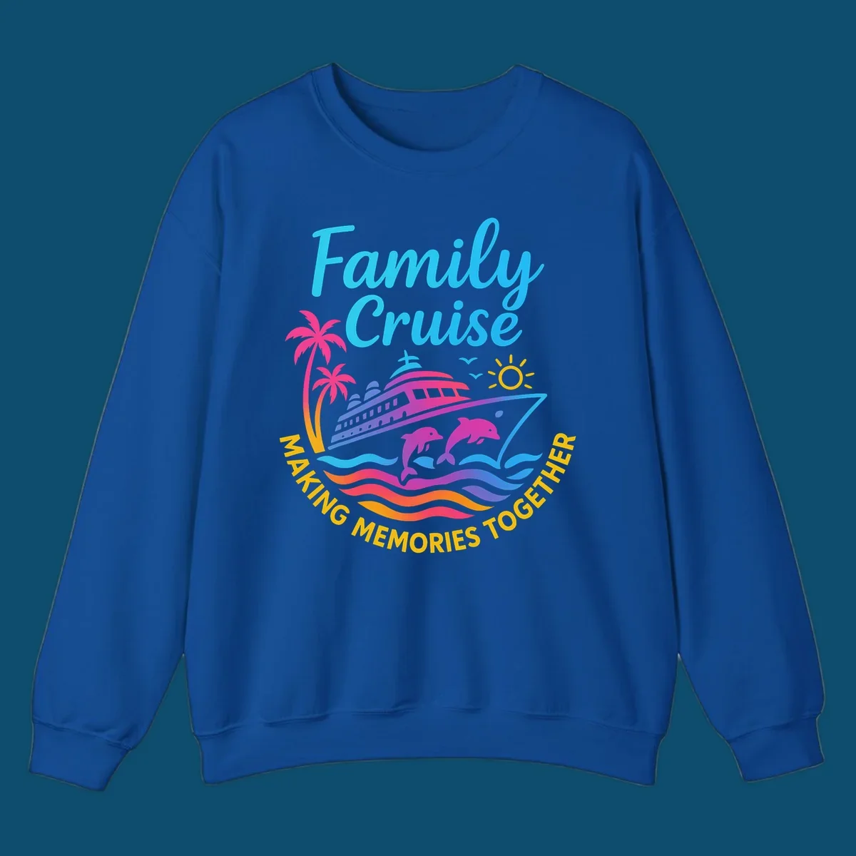 Vibrant family cruise memories vacation design with a ship, dolphins, palm trees, sun, and colorful waves.