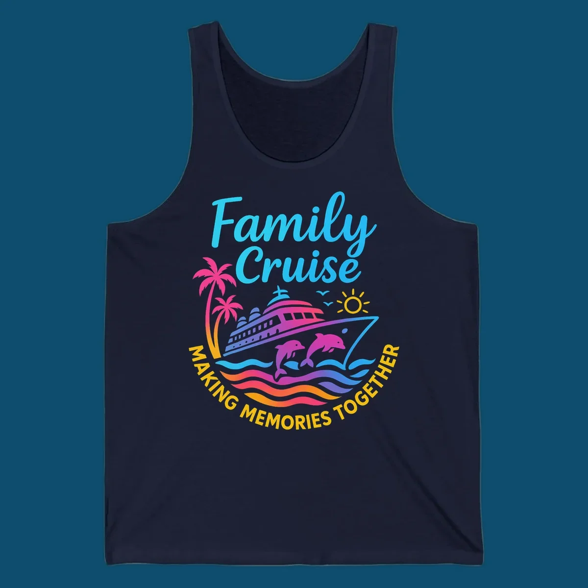 Vibrant family cruise memories vacation design with a ship, dolphins, palm trees, sun, and colorful waves.