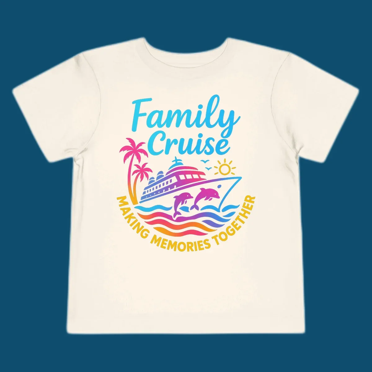 Vibrant family cruise memories vacation design with a ship, dolphins, palm trees, sun, and colorful waves.