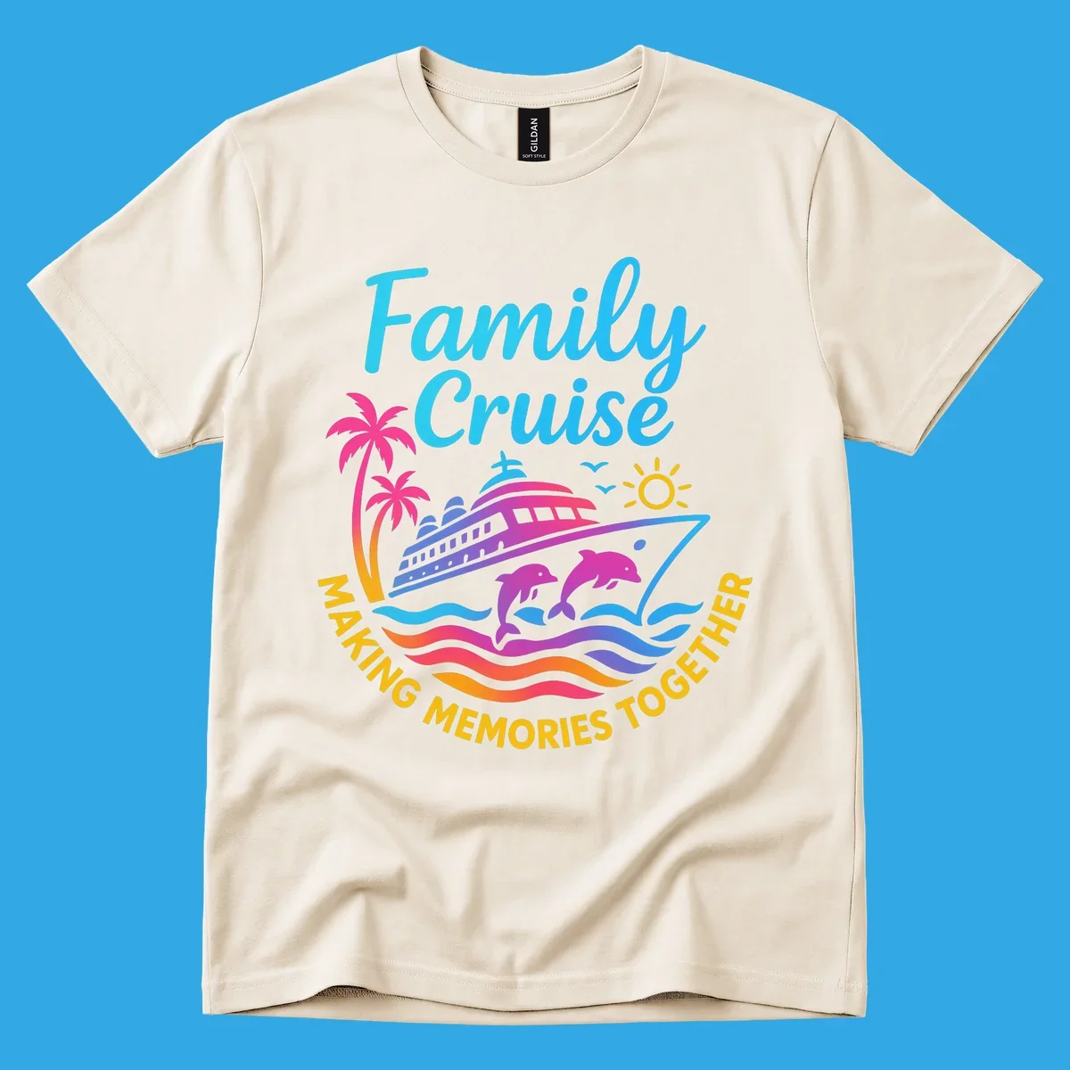 Vibrant family cruise memories vacation design with a ship, dolphins, palm trees, sun, and colorful waves.
