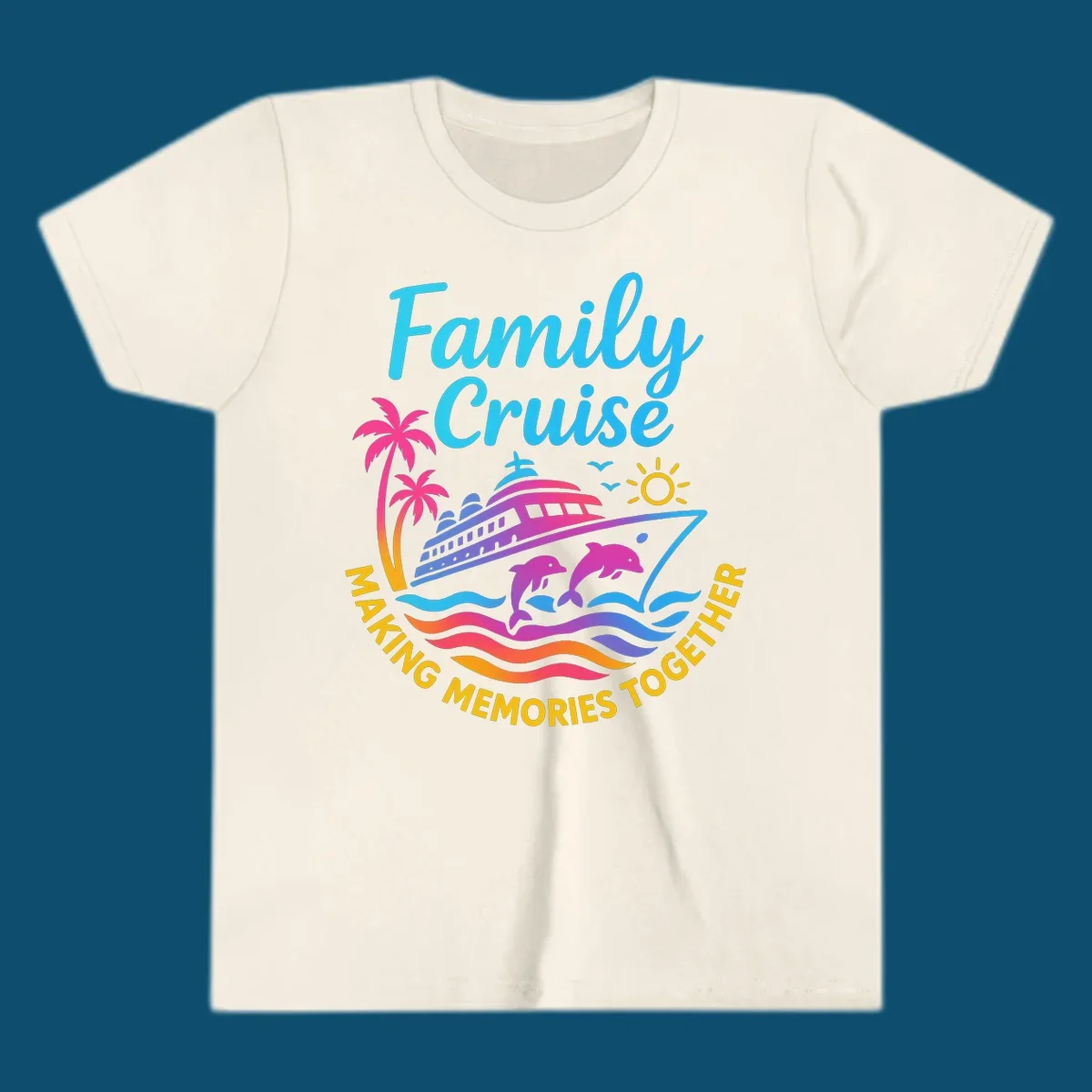 Vibrant family cruise memories vacation design with a ship, dolphins, palm trees, sun, and colorful waves.