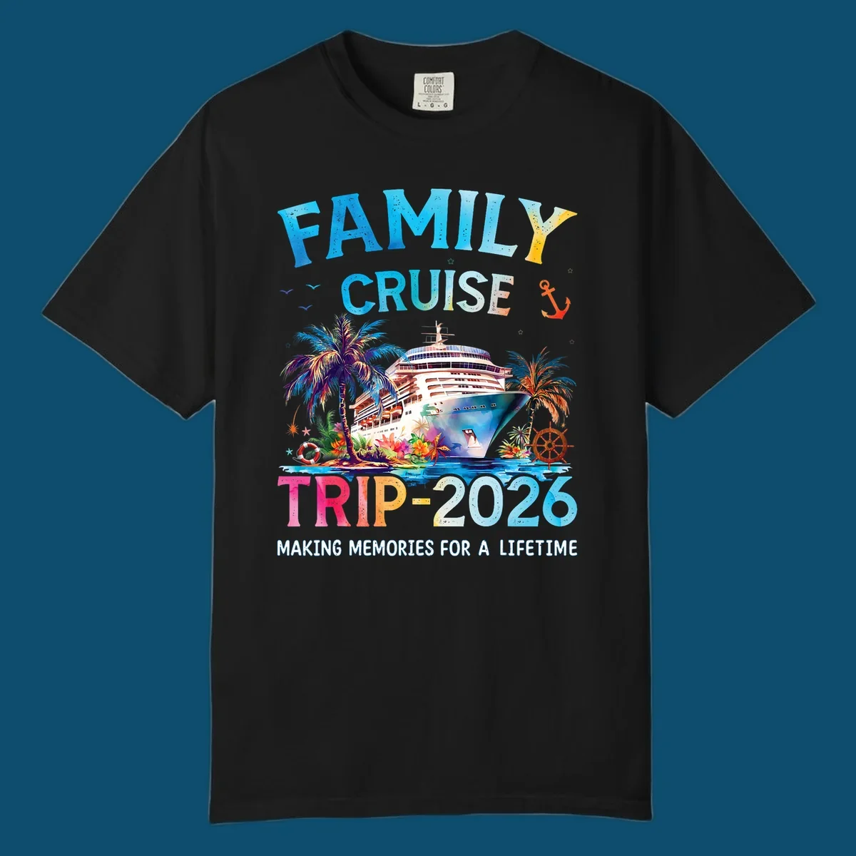 A colorful family cruise trip 2026 design with a ship, palm trees, tropical flowers, and text for family vacation.