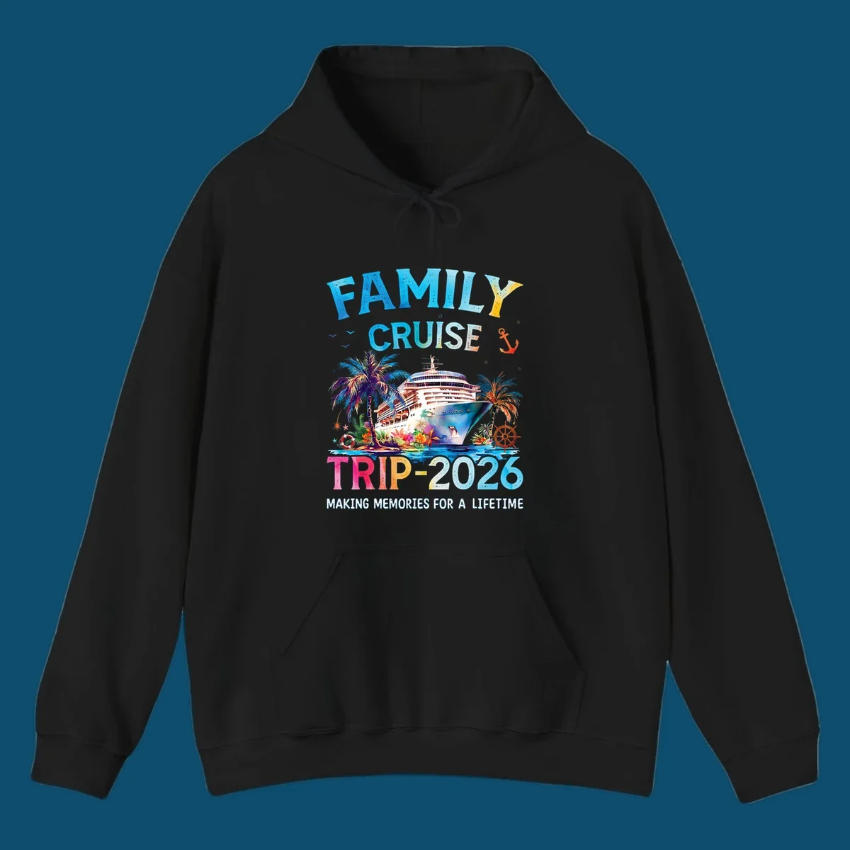 A colorful family cruise trip 2026 design with a ship, palm trees, tropical flowers, and text for family vacation.