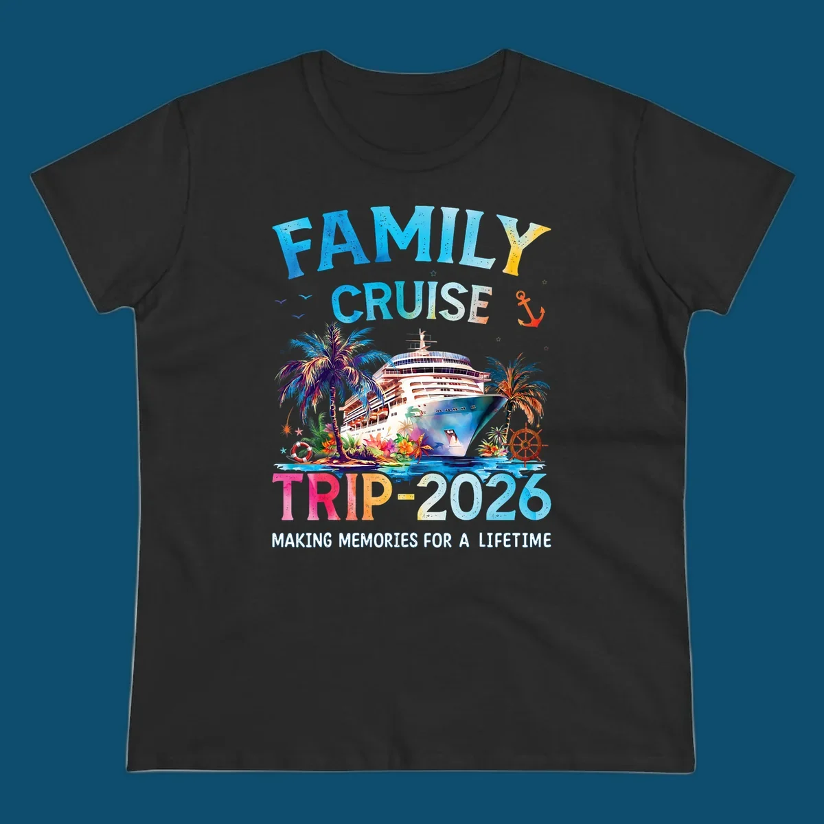 A colorful family cruise trip 2026 design with a ship, palm trees, tropical flowers, and text for family vacation.