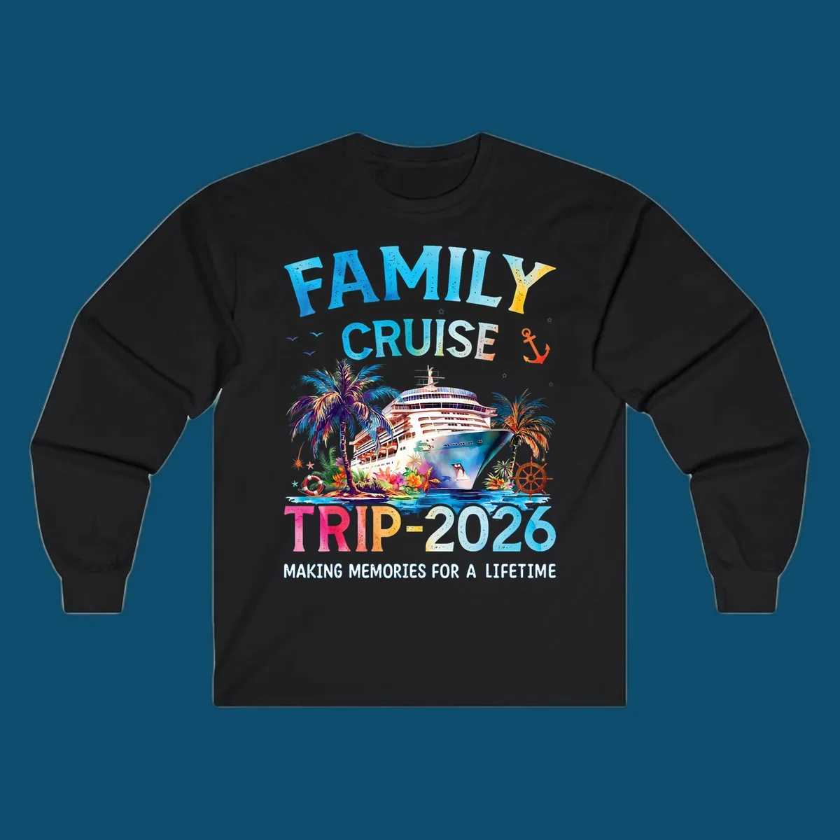A colorful family cruise trip 2026 design with a ship, palm trees, tropical flowers, and text for family vacation.