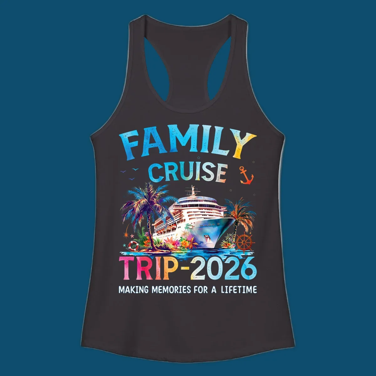 A colorful family cruise trip 2026 design with a ship, palm trees, tropical flowers, and text for family vacation.