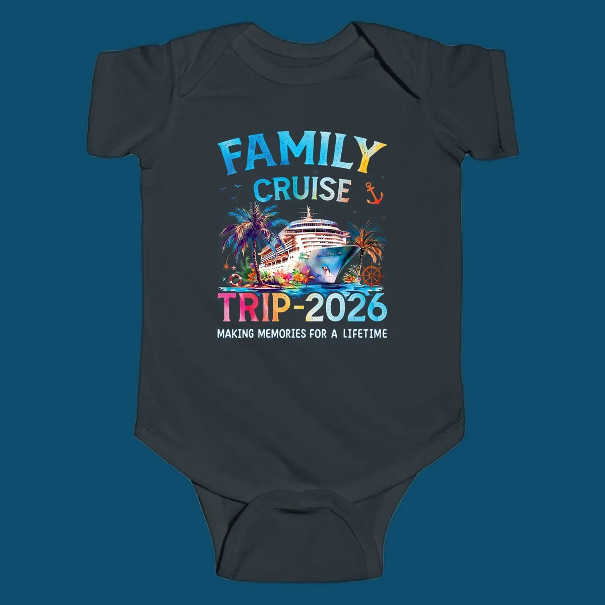 A colorful family cruise trip 2026 design with a ship, palm trees, tropical flowers, and text for family vacation.