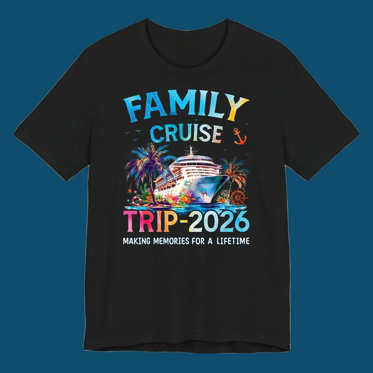A colorful family cruise trip 2026 design with a ship, palm trees, tropical flowers, and text for family vacation.
