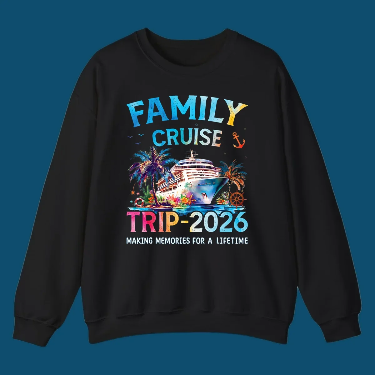 A colorful family cruise trip 2026 design with a ship, palm trees, tropical flowers, and text for family vacation.