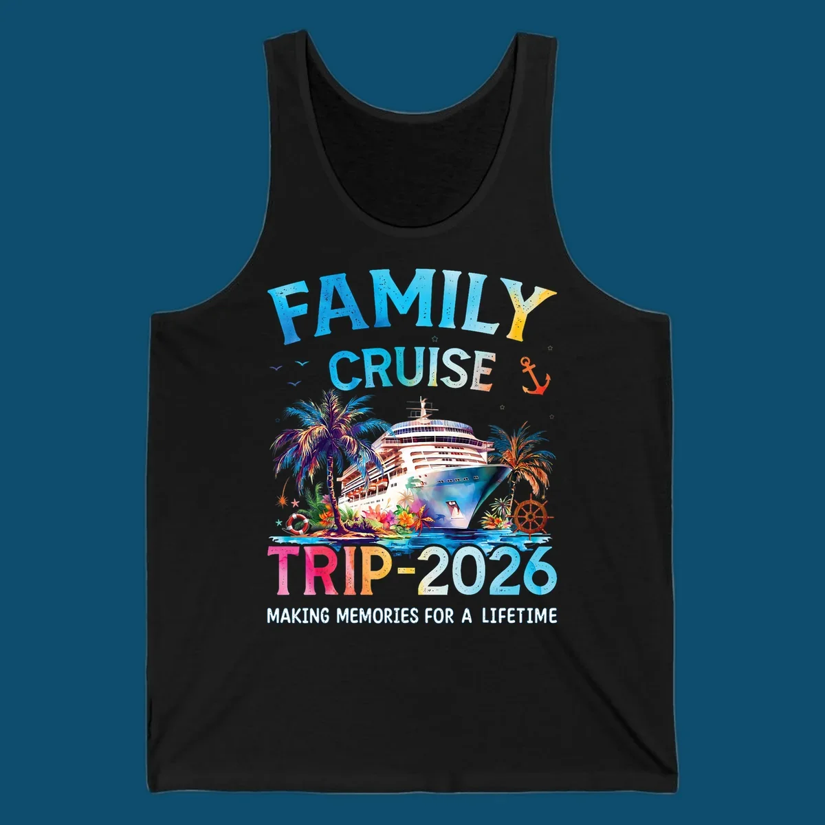 A colorful family cruise trip 2026 design with a ship, palm trees, tropical flowers, and text for family vacation.