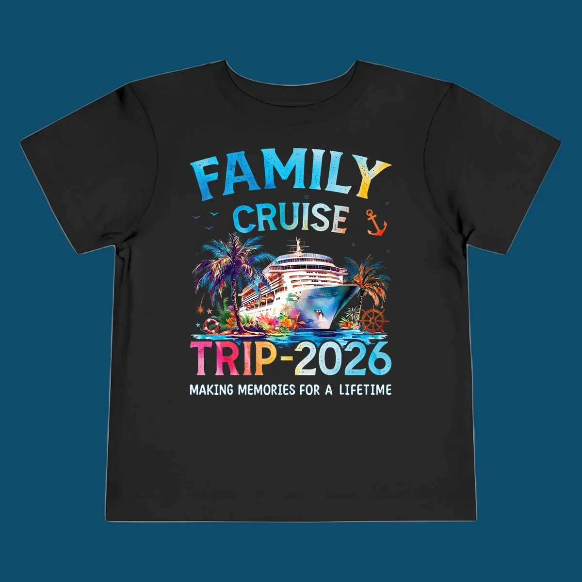A colorful family cruise trip 2026 design with a ship, palm trees, tropical flowers, and text for family vacation.