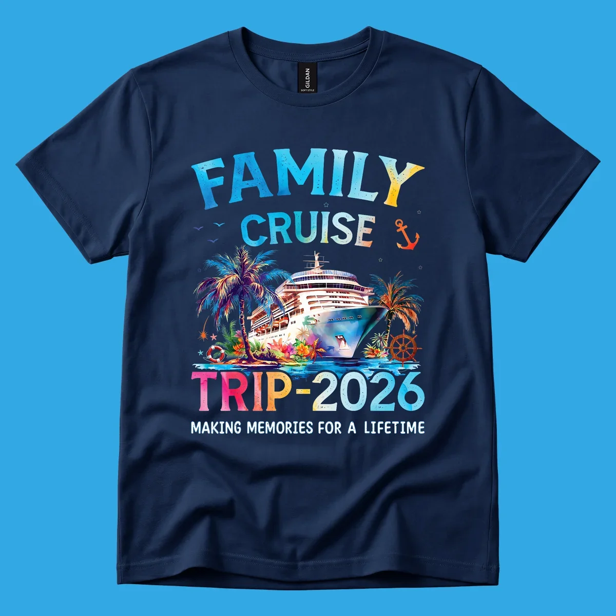 A colorful family cruise trip 2026 design with a ship, palm trees, tropical flowers, and text for family vacation.