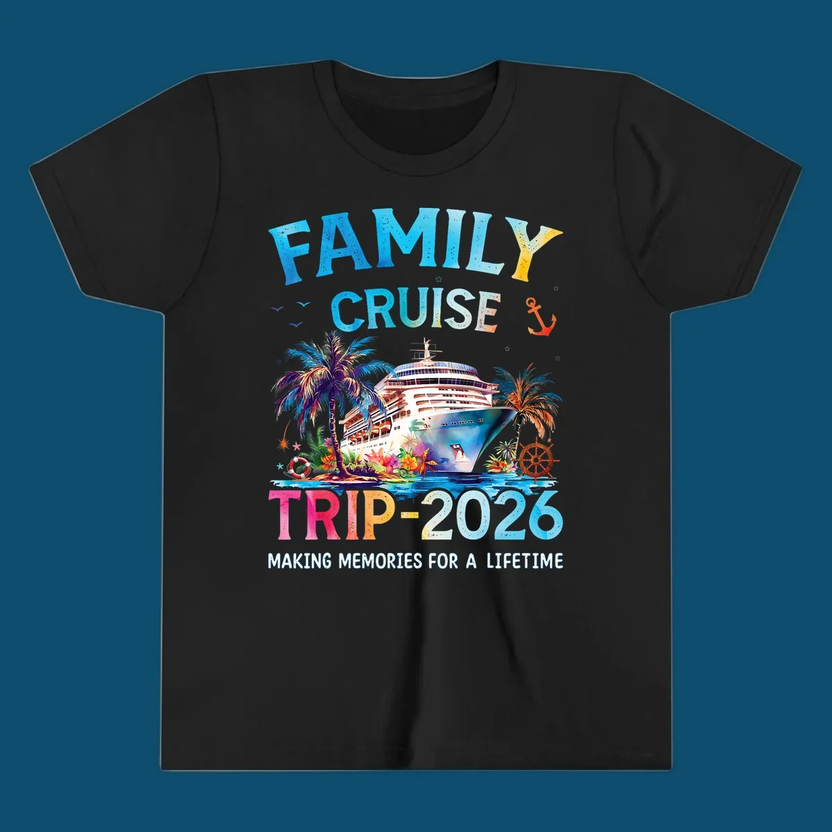 A colorful family cruise trip 2026 design with a ship, palm trees, tropical flowers, and text for family vacation.