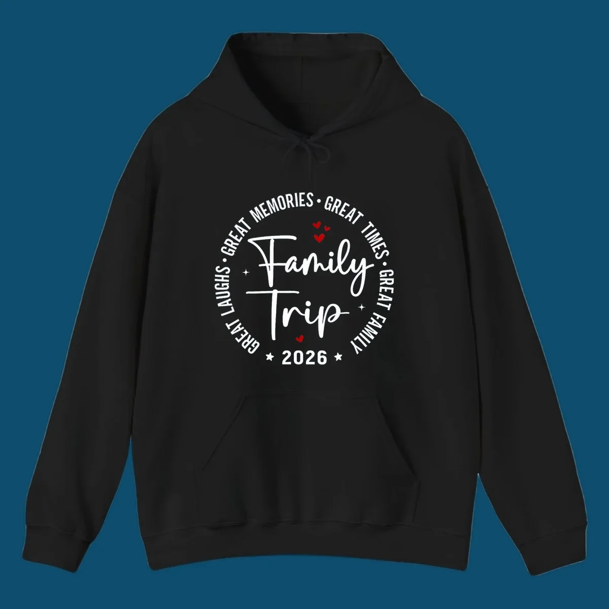 A circular badge design for a family trip in 2026, featuring the text 'Family Trip 2026' in the center and 'GREAT LAUGHS • GREAT MEMORIES • GREAT TIMES • GREAT FAMILY' in a circle around it, accented with small red hearts and stars.