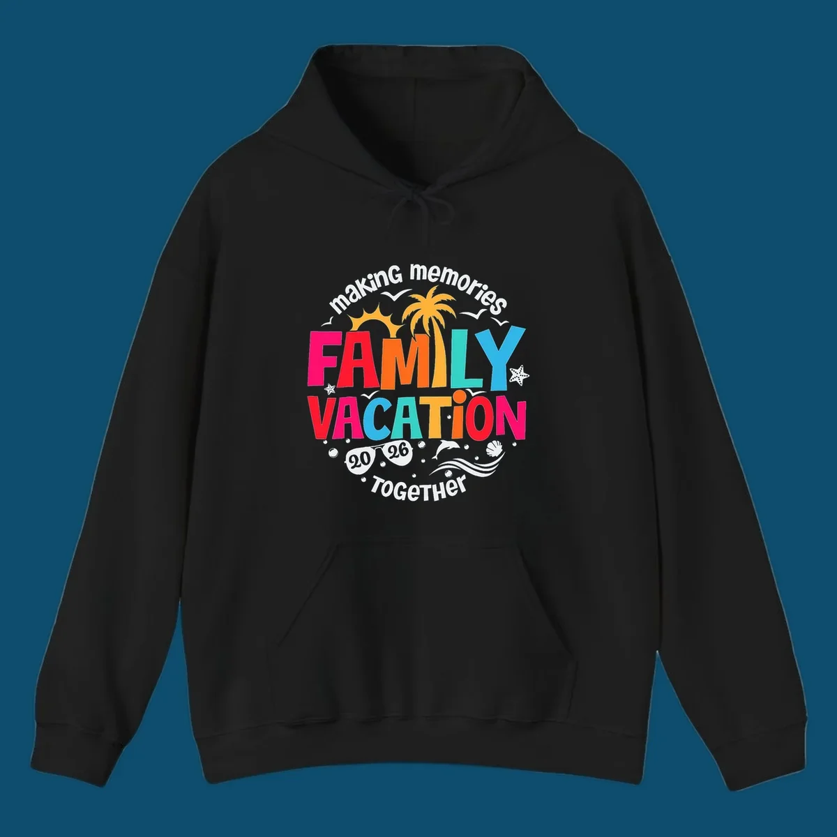 Colorful "making memories FAMILY VACATION 2026 Together" design with a sun, palm tree, seagulls, and beach elements, perfect for a family-vacation-2026.