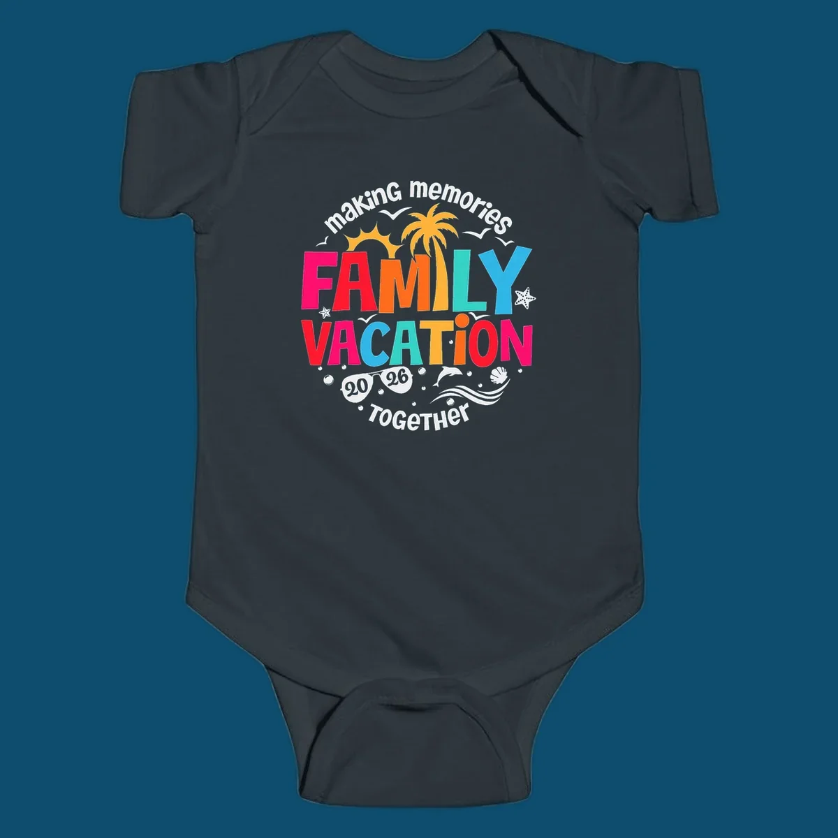 Colorful "making memories FAMILY VACATION 2026 Together" design with a sun, palm tree, seagulls, and beach elements, perfect for a family-vacation-2026.