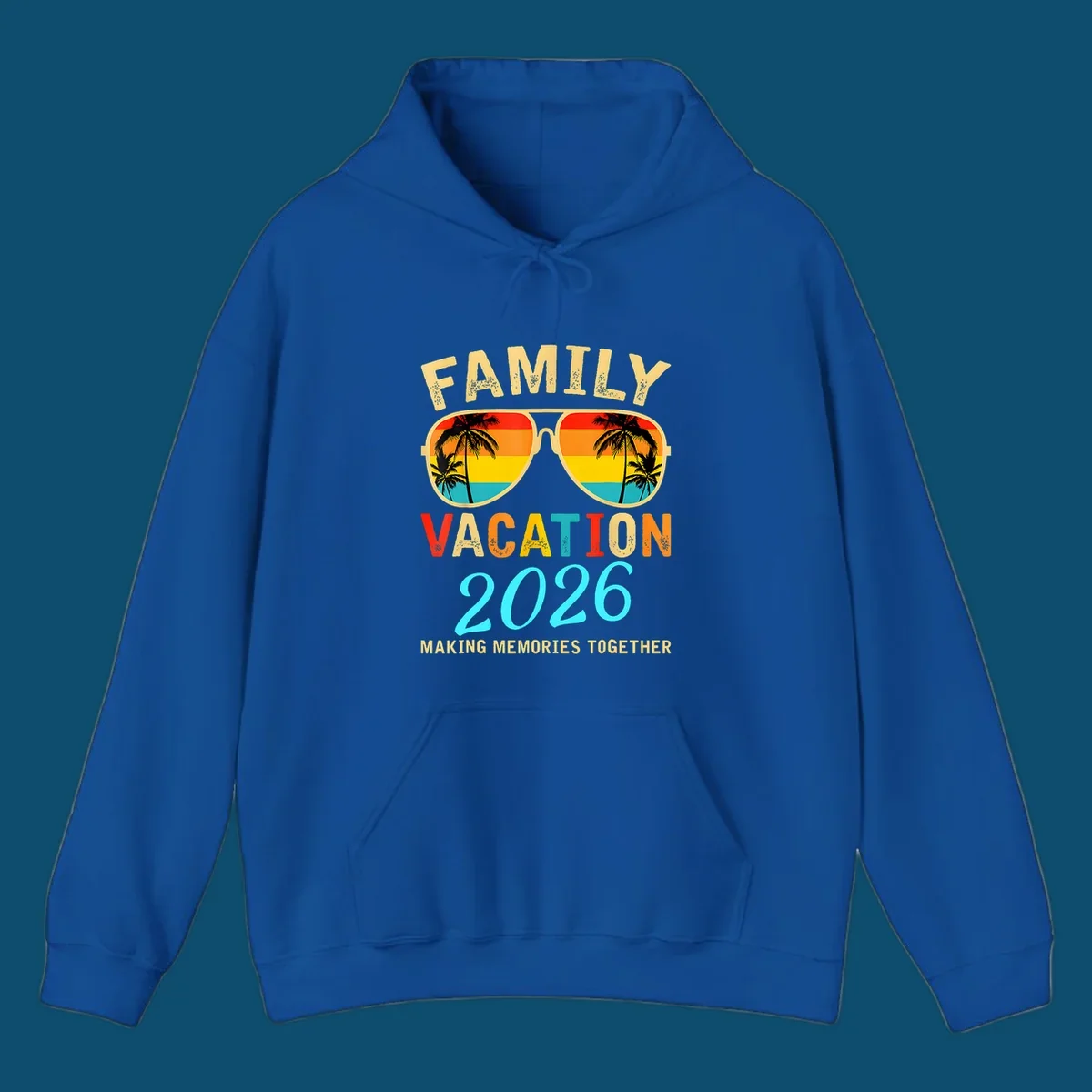 A family vacation 2026 sunglasses design with palm trees and a sunset reflection, and the phrase 'Making Memories Together'.