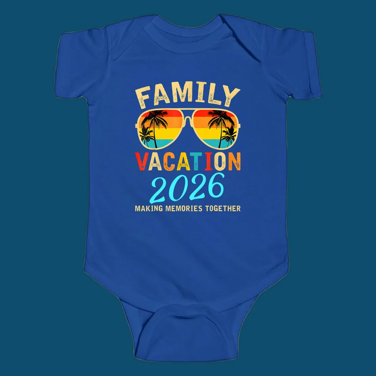 A family vacation 2026 sunglasses design with palm trees and a sunset reflection, and the phrase 'Making Memories Together'.