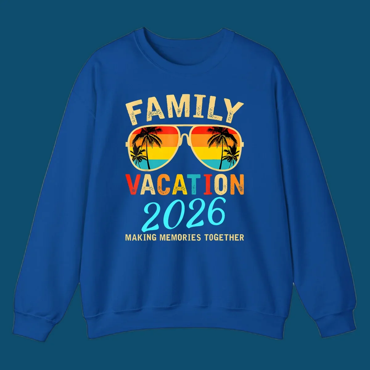 A family vacation 2026 sunglasses design with palm trees and a sunset reflection, and the phrase 'Making Memories Together'.