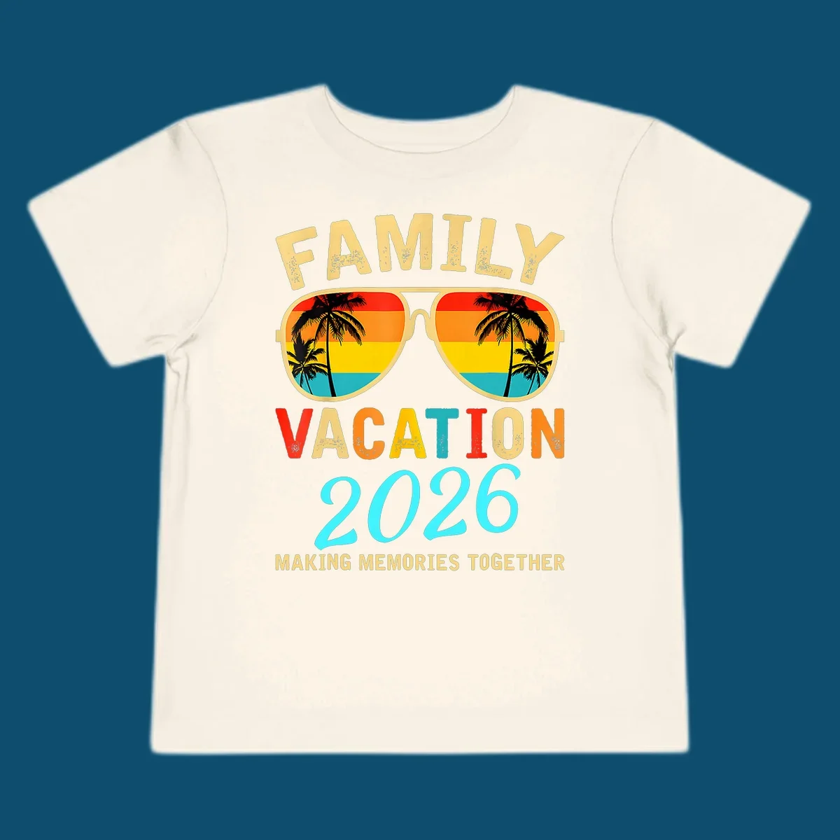 A family vacation 2026 sunglasses design with palm trees and a sunset reflection, and the phrase 'Making Memories Together'.