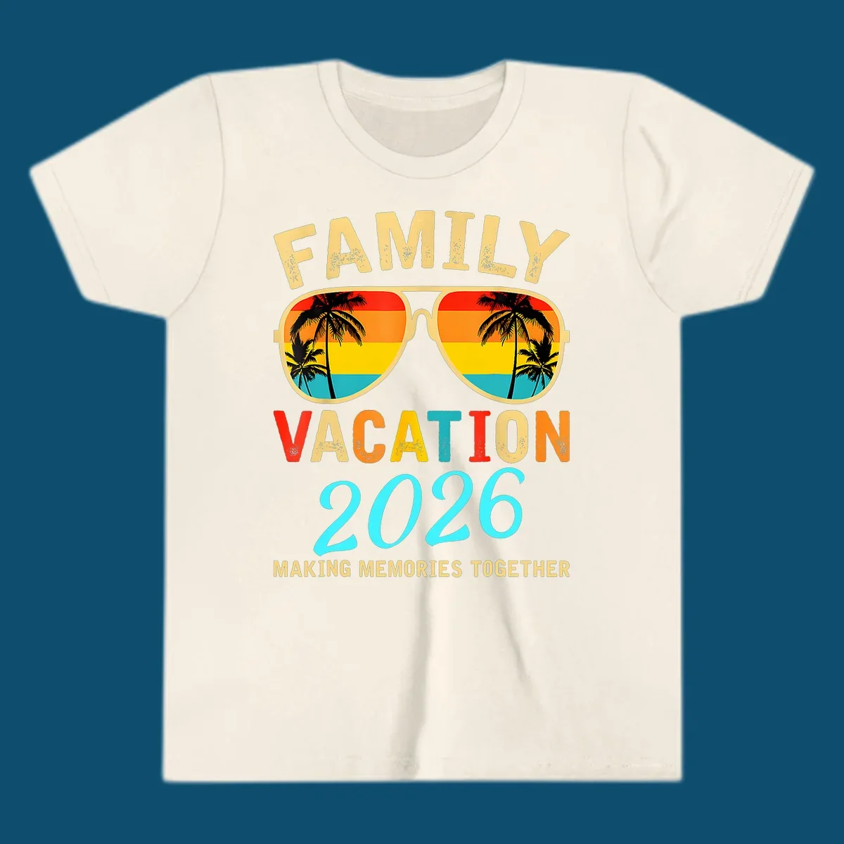 A family vacation 2026 sunglasses design with palm trees and a sunset reflection, and the phrase 'Making Memories Together'.