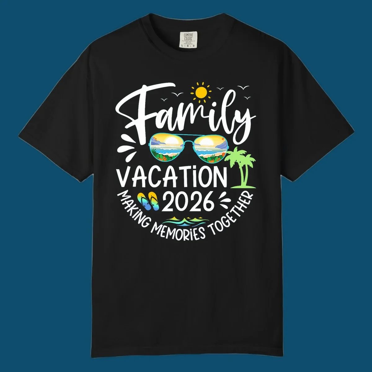 A white text design for Family Vacation 2026 Making Memories Together, featuring sunglasses reflecting a beach, sun, birds, palm tree, and flip-flops.