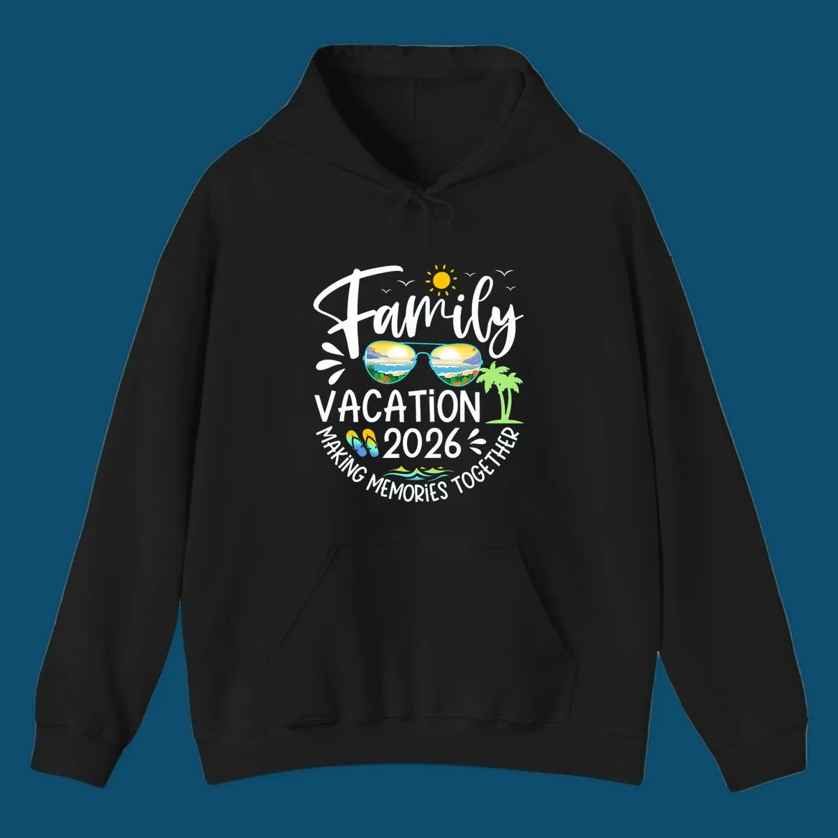 A white text design for Family Vacation 2026 Making Memories Together, featuring sunglasses reflecting a beach, sun, birds, palm tree, and flip-flops.