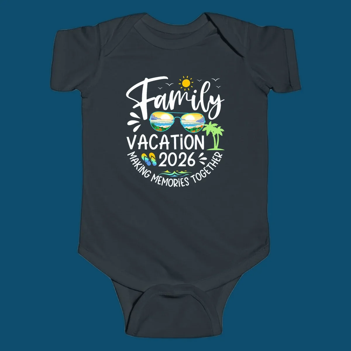 A white text design for Family Vacation 2026 Making Memories Together, featuring sunglasses reflecting a beach, sun, birds, palm tree, and flip-flops.