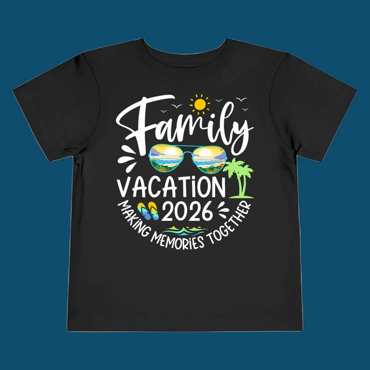 A white text design for Family Vacation 2026 Making Memories Together, featuring sunglasses reflecting a beach, sun, birds, palm tree, and flip-flops.